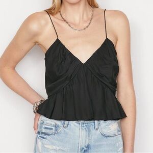 NEW FRAME Shirred Flounce V Neck Tank in Nior Black 100% Silk Ruffle Sz XL